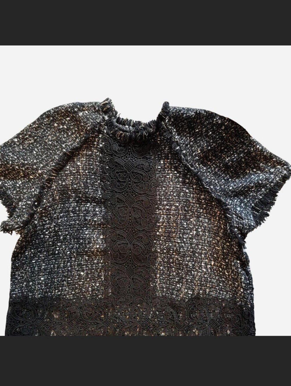 ZARA  Black Tweed Lace-Trim Short Sleeve Top